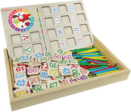 Lexibook Bio Toy® Mathematikschule – Holzkiste mit Zeichenbrett zum Mathe-Lernen mit Buntstiften, Radiergummi, Stäbchen und 5 Karten mit Einmaleins