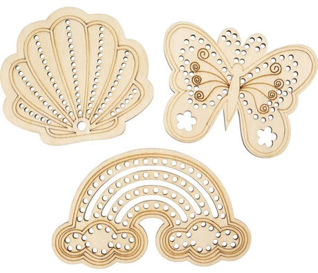 Creativ Company Holzform mit Löchern, Regenbogen, Muschel, Schmetterling, Größe 7,5-13 cm, 24 Stück 1 Box