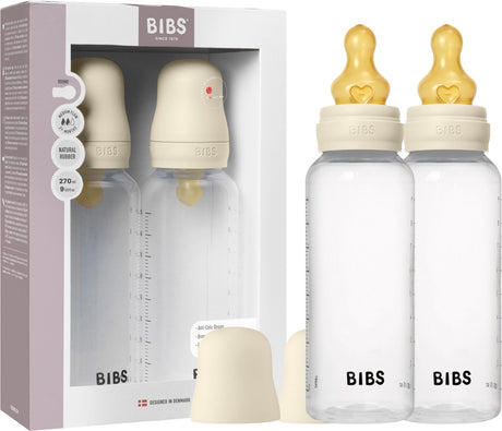 Bibs Babyflasche 270 ml Sauger aus Naturlatex-Gummi, Packung 2 Stück – Anti-Kolik, BPA-frei, runder Sauger, mittlerer Durchfluss, geringes Gewicht und leicht zu reinigen, geeignet für Neugeborene ab 0 Jahren – Elfenbein
