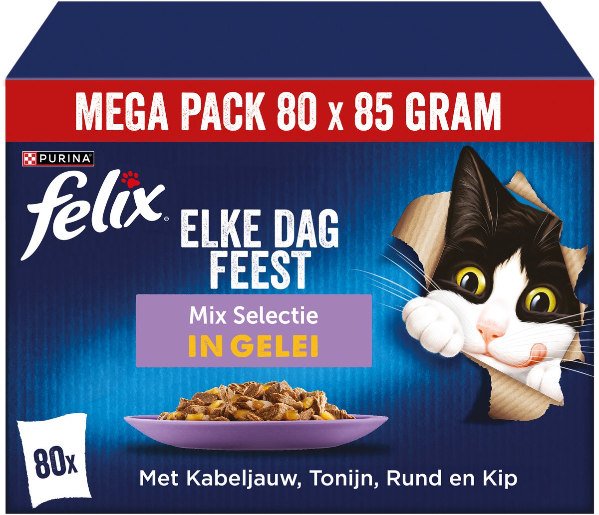 Felix Every Day Party Mixed Selection – Nassfutter für Katzen – Kabeljau, Lachs, Rinderhuhn – 80 x 85 g
