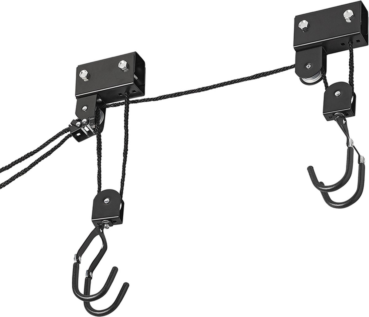Proplus fietslift - xl - ophangsysteem voor fiets, ladder en dakkoffer - met katrollen – tot 57 kg - plafondbevestiging – haken met rubberen afwerking – ook voor kajaks en ladders – zwart