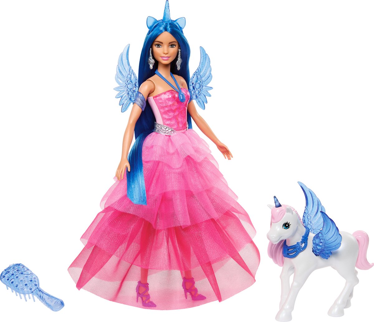 Mattel Einhornpuppe mit blauem Haar, rosa Kleid und Alicorn