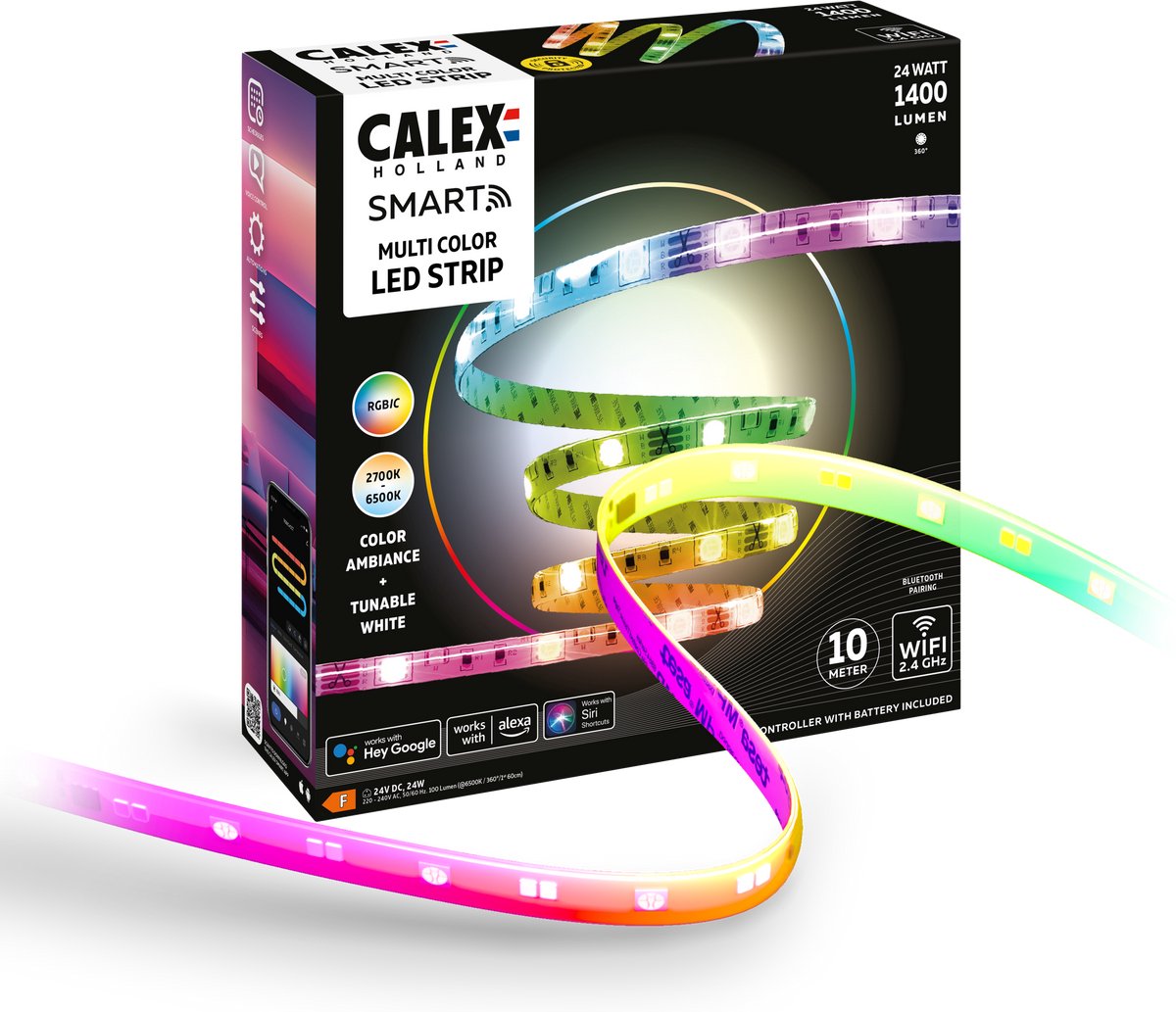 Calex smart led strip - 10m, rgbic+cctic, wifi bedienbaar, muzieksynchronisatie, binnengebruik, 1400 lumen, slimme lichtstrip, smart verlichting