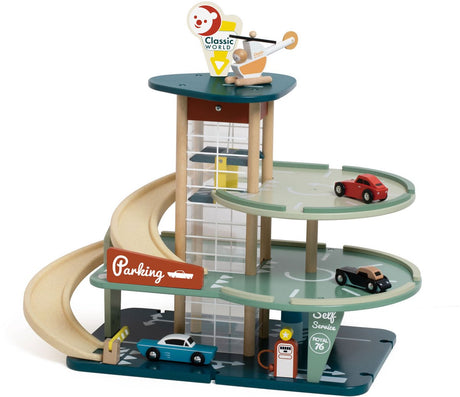 Classic World Vintage-Garagenspielzeug aus Holz mit Autos und Aufzug, 11-teilig.