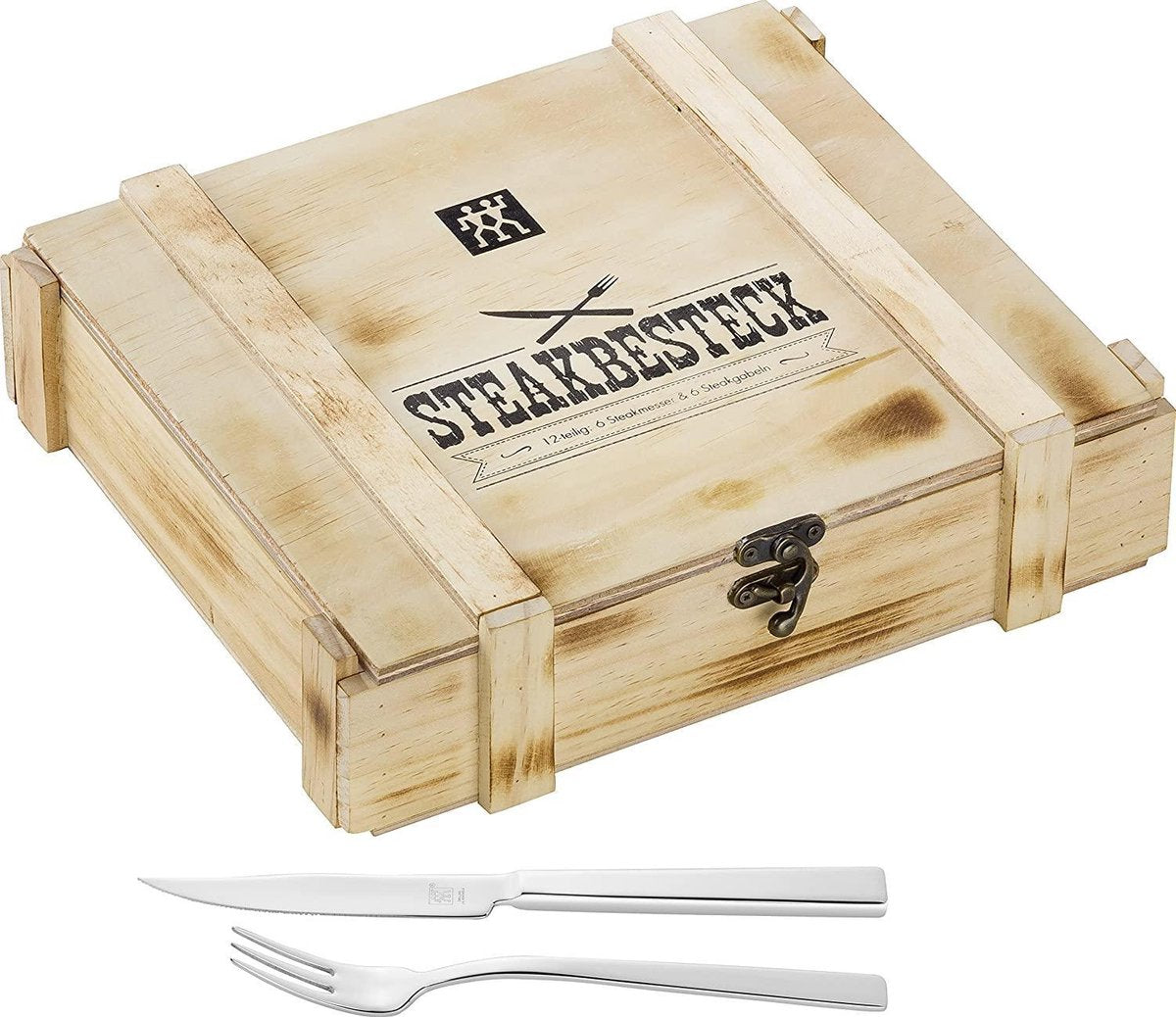 Zwilling Steakbesteck-Set – 12-teilig – in rustikaler Holzbox – Edelstahl