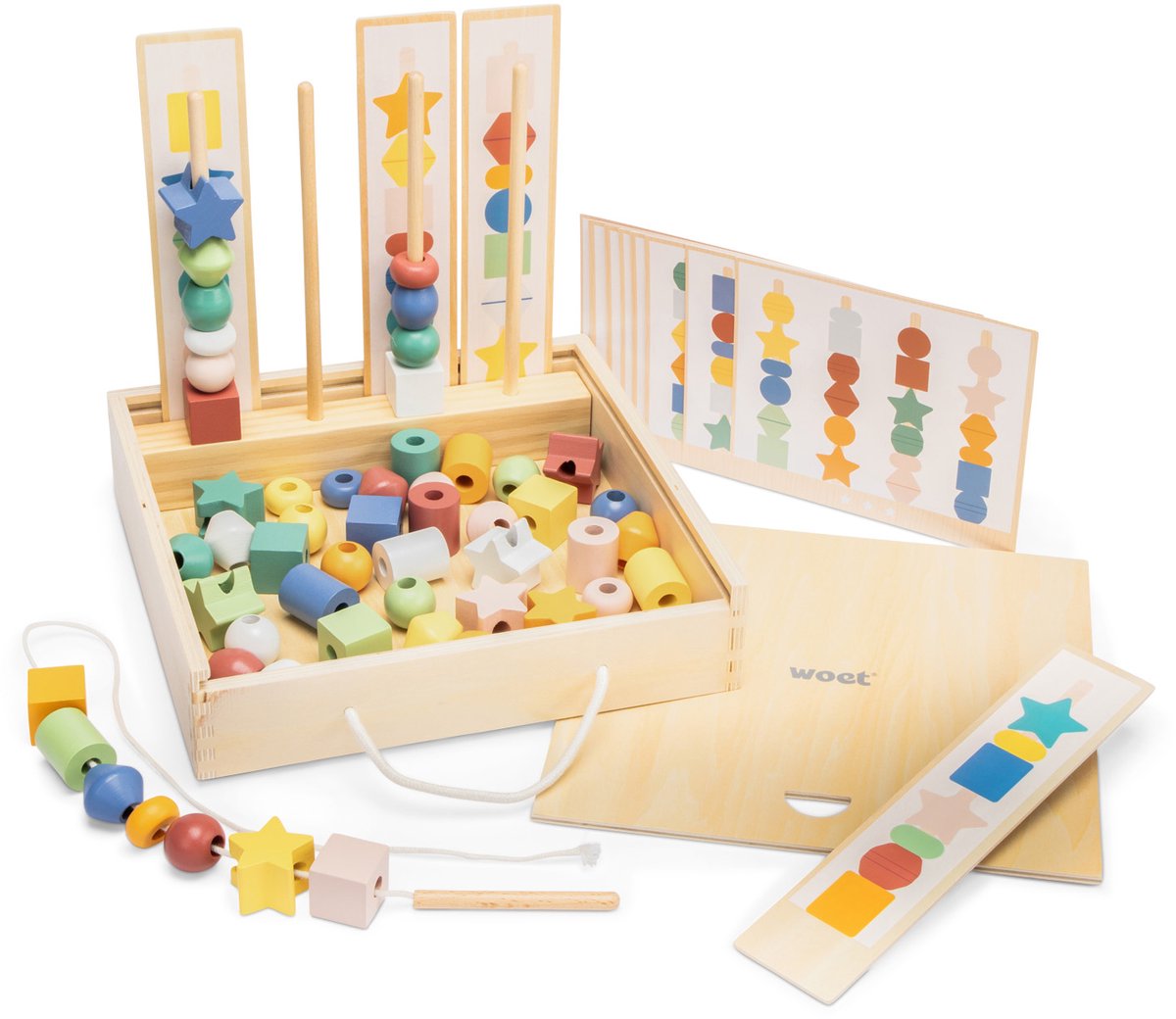 Woet ® houten kralen volgorde spel - sorteer- en rijgspel met opdrachtkaarten in opbergdoos - educatief montessori speelgoed - fsc - vanaf 3 jaar