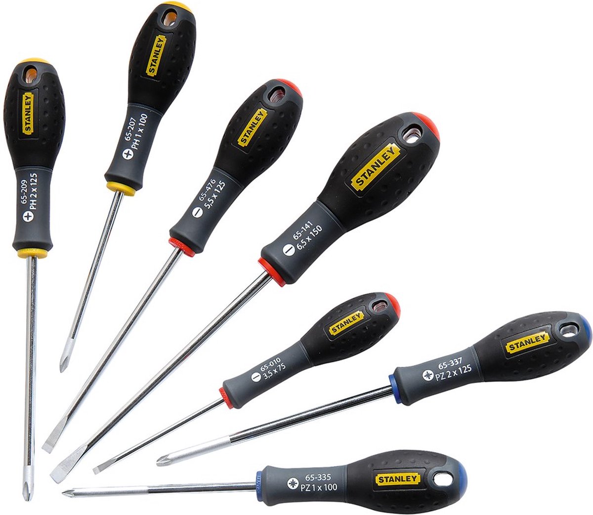 Stanley 7-teiliger Fatmax-Schraubendrehersatz parallel 3,5 x 75 mm. 5,5 x 125 mm Standard 6,5 x 150 mm Phillips PH1 x 100 mm. PH2 x 125 mm Pozidriv PZ1 x 100 mm. pz2 x 125mm