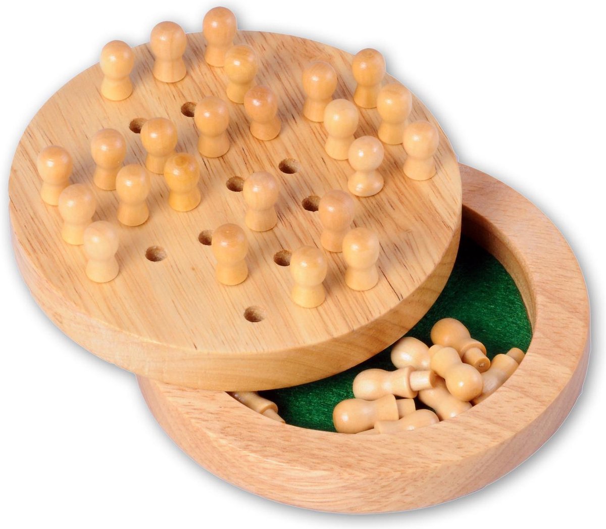 Engelhart solitair mini – rubberhout – met deksel – reisformaat ø 12 cm – houten solitaire bordspel – compact denkspel voor onderweg –
