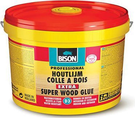 Bison Holzleim extra Eimer 5 kg, hochwertiger Holzleim, für innen und außen, trocknet transparent, stärker als Holz, lösungsmittelfrei, D3, stärker als Holz