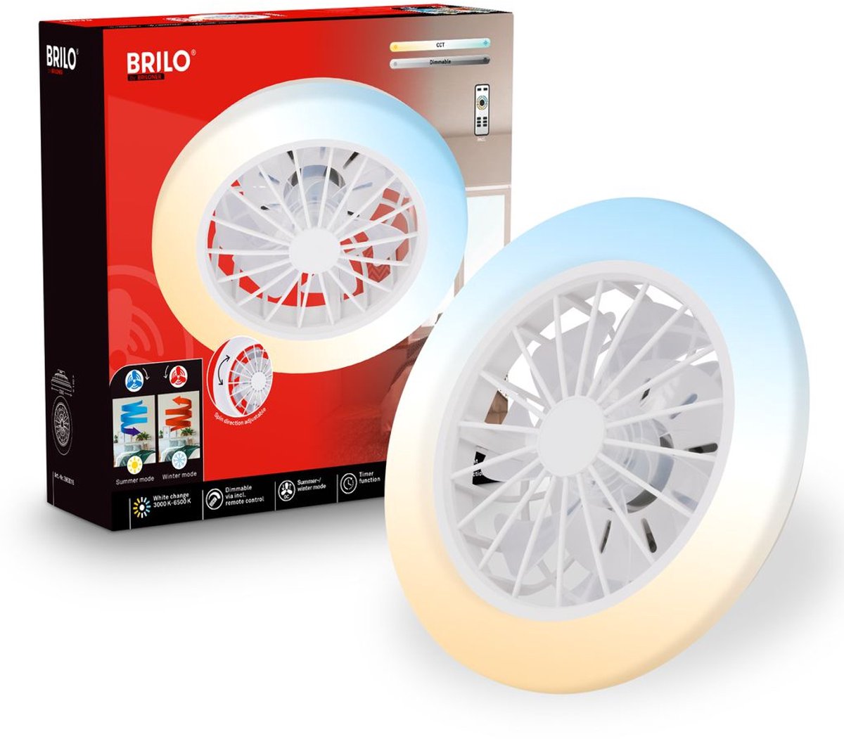 Briloner pafo - Deckenventilator mit Beleuchtung - LED-Deckenlampe mit Ventilator - dimmbar - 5 Geschwindigkeiten - Ventilatorlampe Sommer- und Wintermodus - CCT - ø38 cm - Weiß