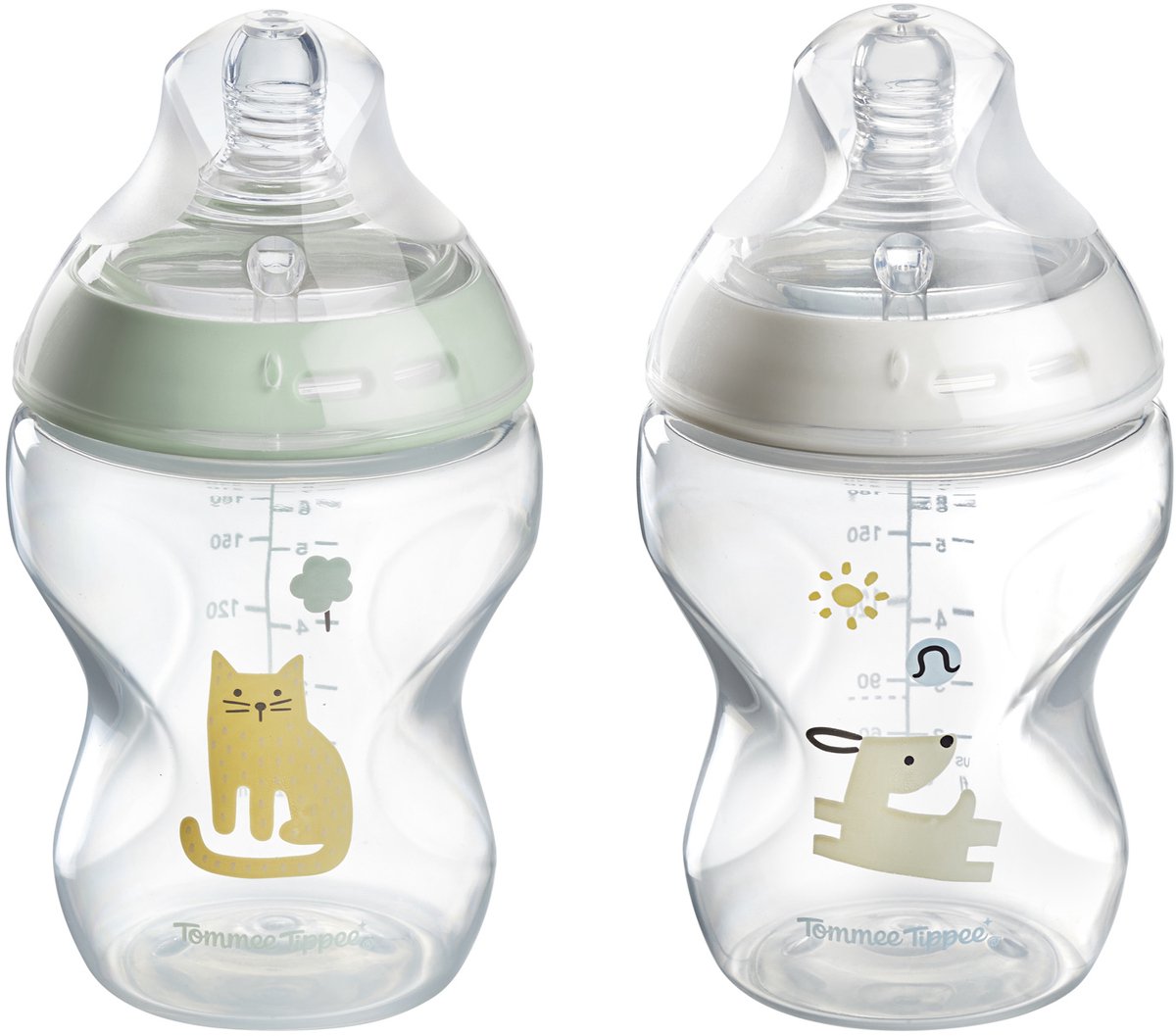 Tommee Tippee Natural Start Babyflaschen – Set mit 2 x 260 ml Babyflaschen – niedrige Fördergeschwindigkeit 3 m+ – dekoriert