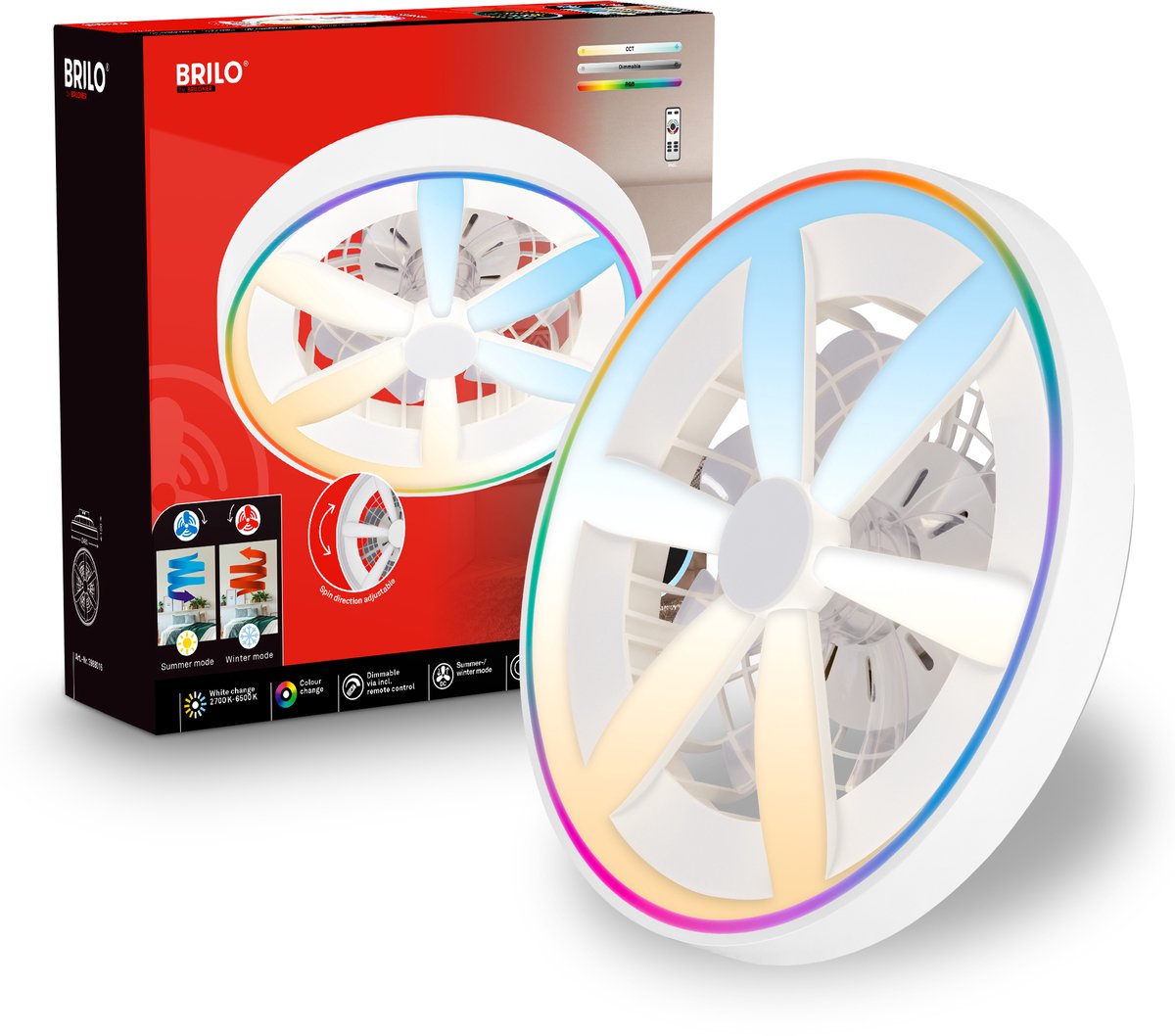 Briloner Air – Deckenventilator mit RGB-Beleuchtung – Deckenventilator dimmbar – Ventilatorlampe 5 Geschwindigkeiten – Sommer- und Wintermodus – RGB CCT – ø48 cm – Weiß