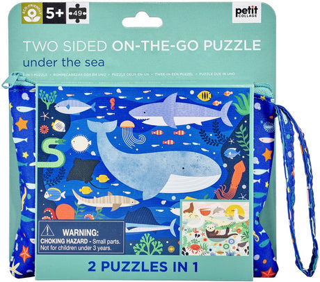 Petit Collage doppelseitiges Wildwolf-Puzzle im Reißverschlussetui | Tiere im Meer | ab 3 Jahren