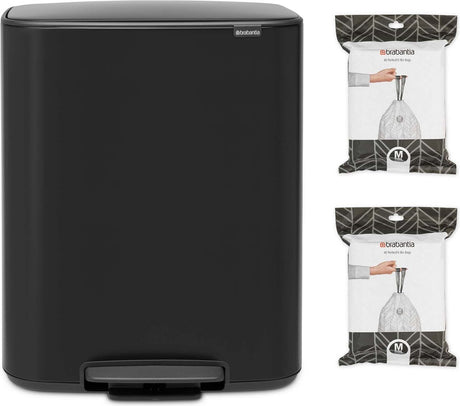Brabantia Bo Abfallbehälter – 60 Liter – 1 Fach – mit 80 Müllbeuteln – mattschwarz