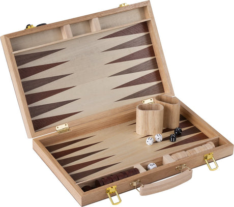 Engelhart Backgammon 15 Zoll – Brett mit Holzintarsien – Holzkoffer mit Griff – Luxusversion –