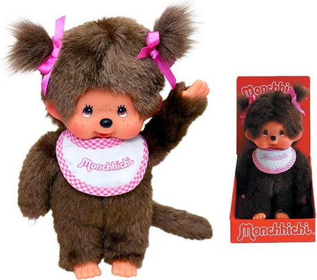 Bandai - monchhichi - roze en witte slabbetje meisje knuffel - iconische jaren 80 aap knuffel - zacht pluche 20 cm voor kinderen en volwassenen - kinderspeelgoed 2 jaar en + - 25555