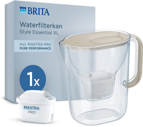 Brita Wasserfilterkanne Style Essential XL - 3,6l - Sand - inkl. 1x Maxtra Pro Pure Performance – große Filterkanne mit Smart-Light-LED-Klappdeckel, filtert Verunreinigungen besser