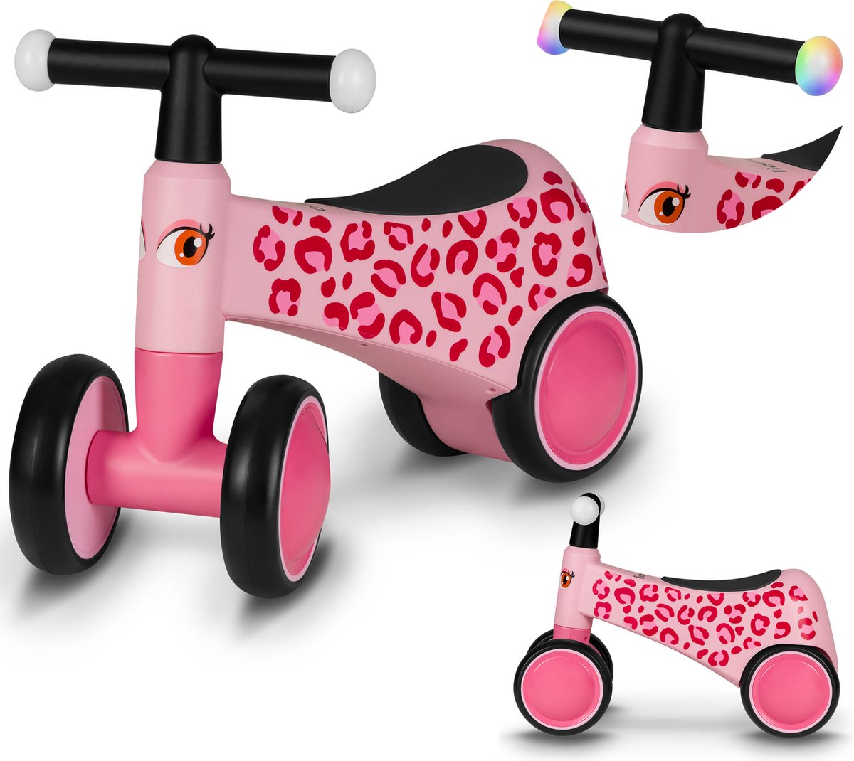 Lionelo Sammy Laufrad – 4 Räder – Beleuchtung in den Griffen – ab 1 Jahr – extra bequemer Sattel – rutschfeste Griffe – ergonomisches Design – bunte Tiermotive – Jungen Mädchen – ohne Werkzeug montierbar