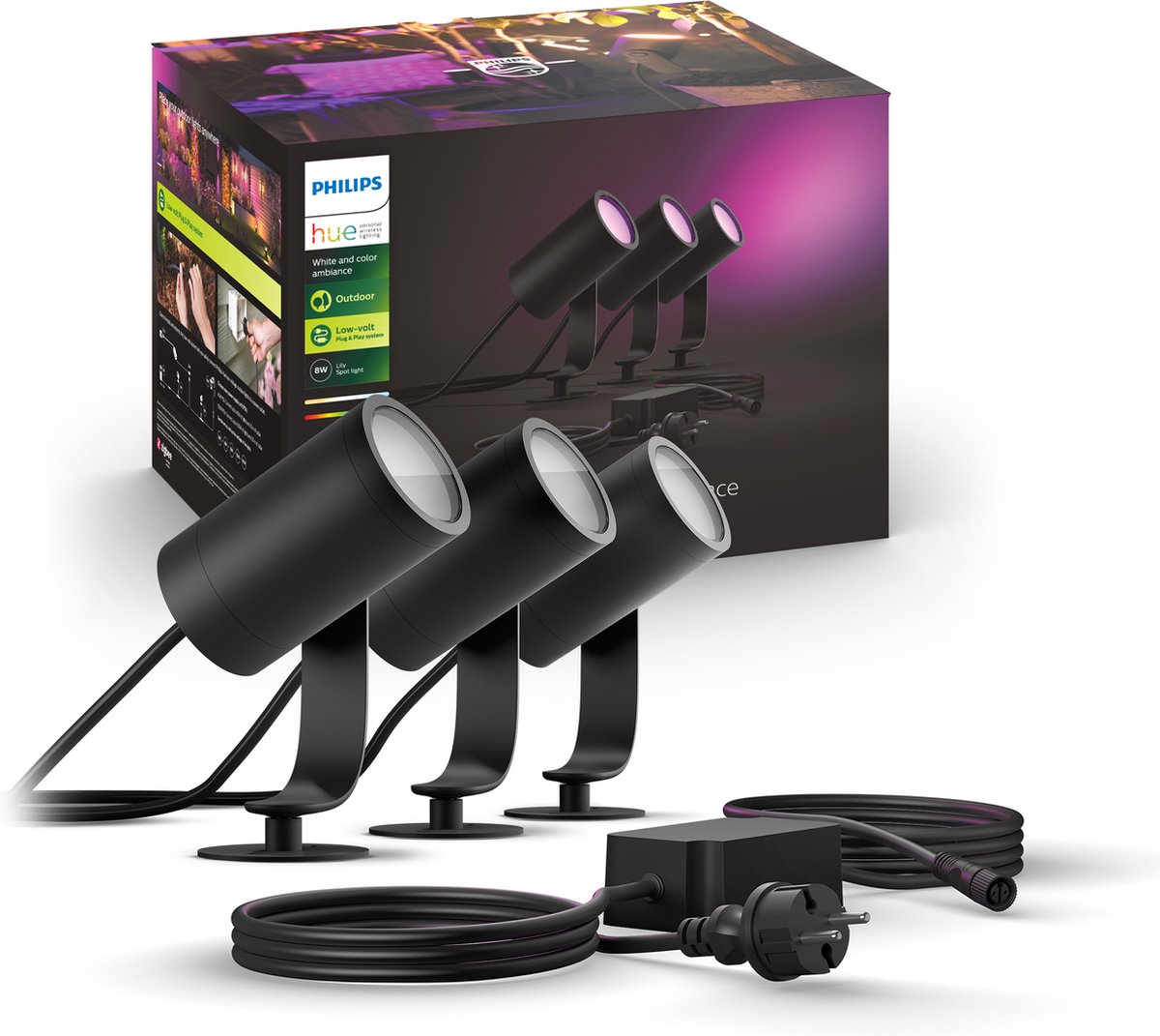Philips hue lily tuinspot - wit en gekleurd licht - 3-spots - zwart - lowvolt - basis