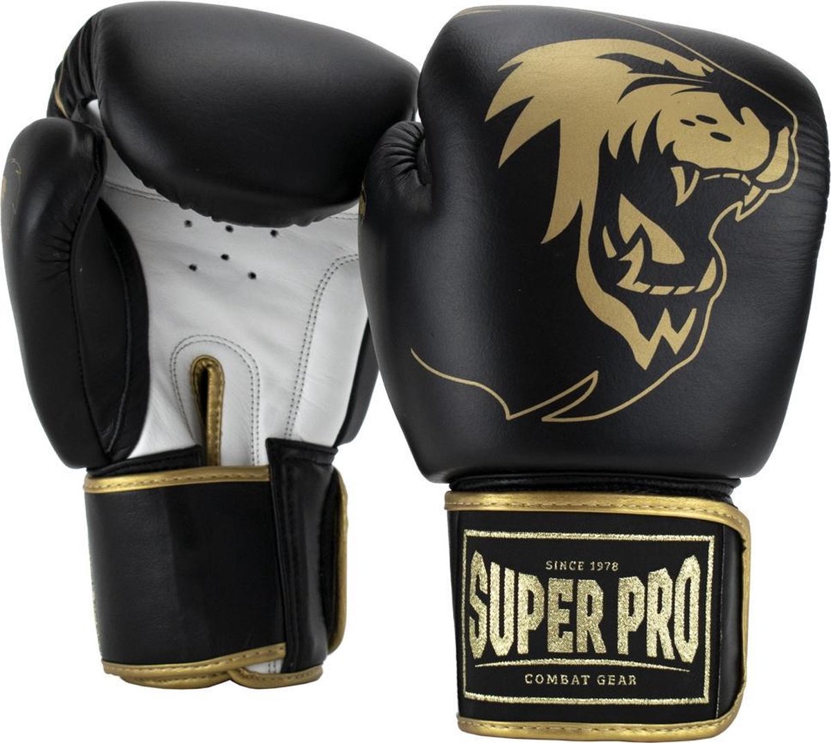 Super pro combat gear warrior se lederen (kick)bokshandschoenen zwart goud wit 16oz