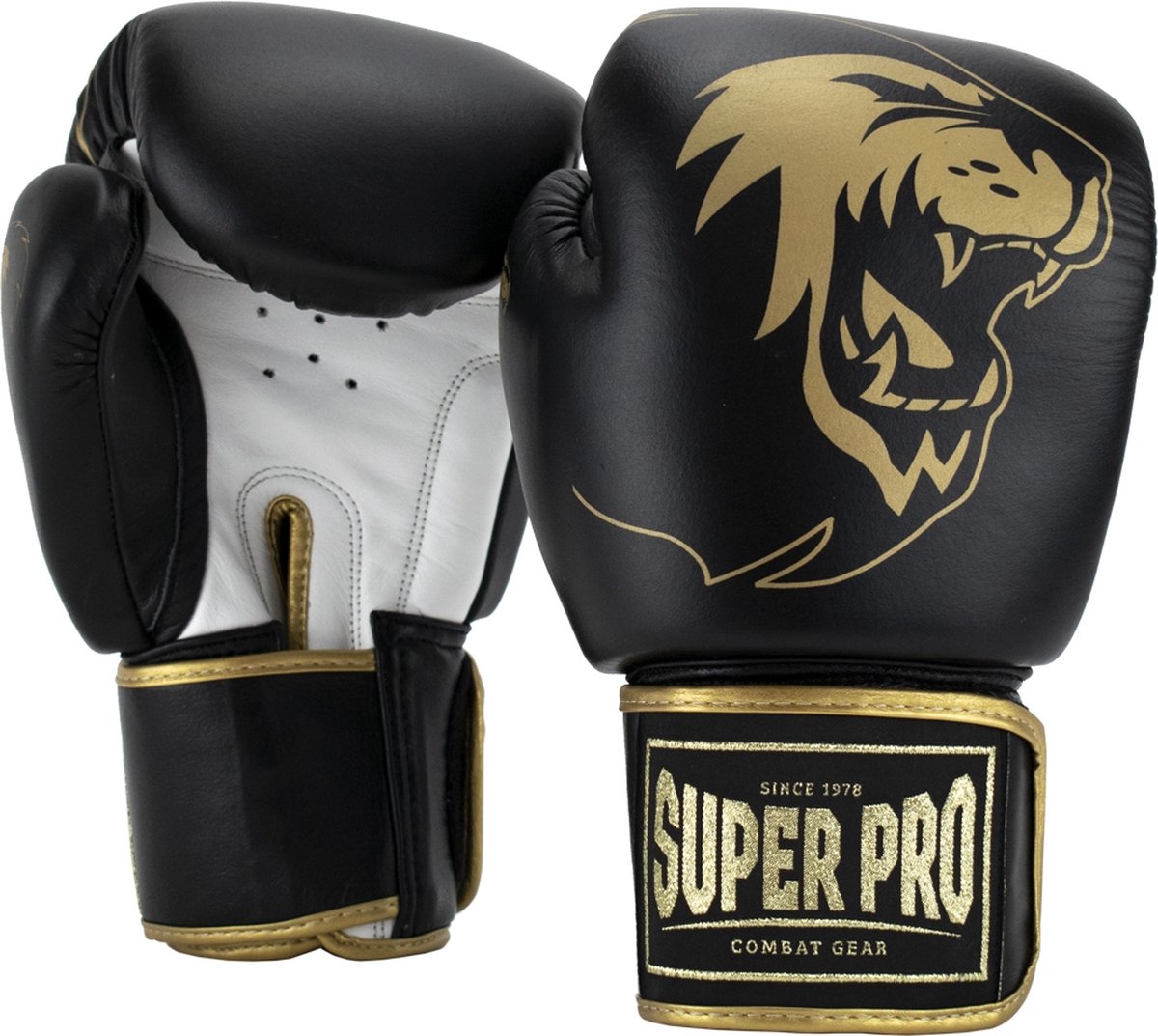 Super pro combat gear warrior se lederen (kick)bokshandschoenen zwart goud wit 14oz