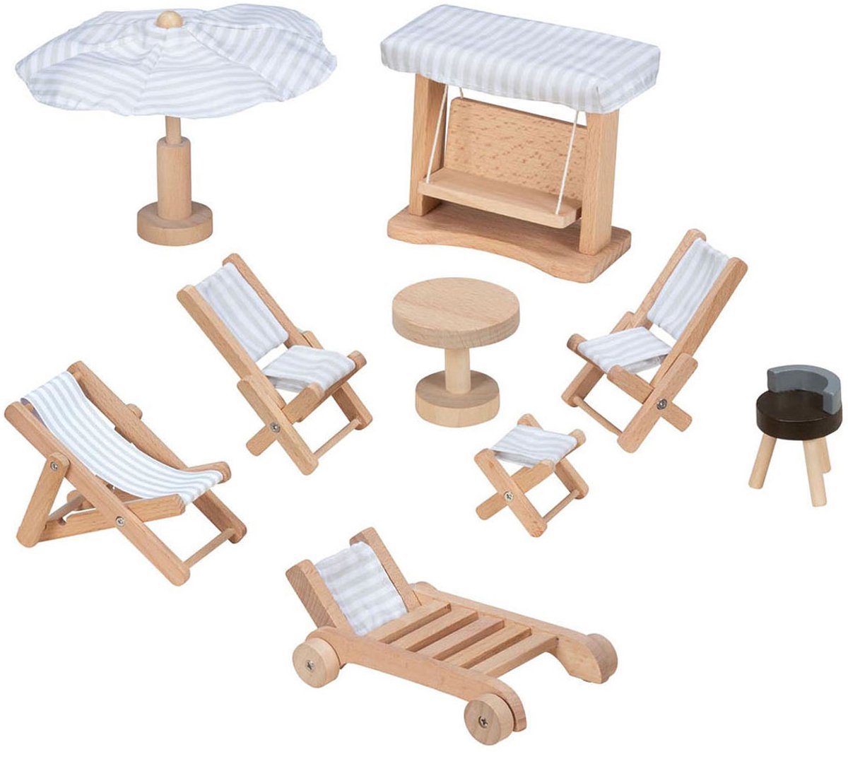 Goki Puppenhausmöbel: Gartenmöbel, 9-teilig, Schaukel H10,5cm, Holz und Textil, 3+