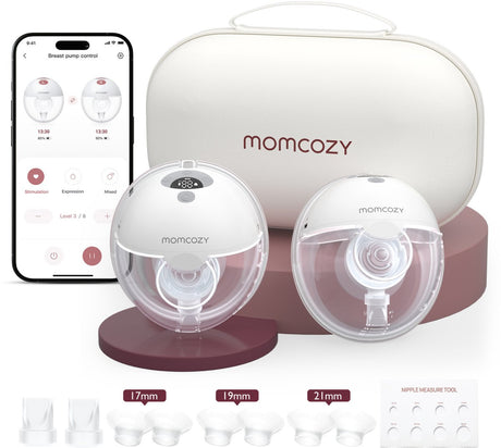 Momcozy m5 smart – Freisprech-Milchpumpe – 2 Stück – elektrisch – leise kompakt – mit Brusthauben-Einsätzen – weiß grau