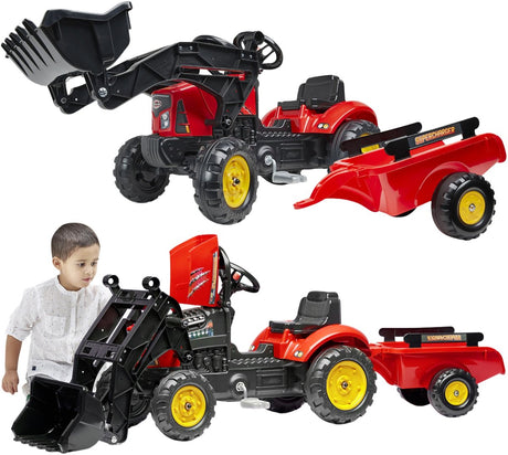 Roter Falk-Kompressor-Trettraktor mit aufklappbarer Haube und Anhänger