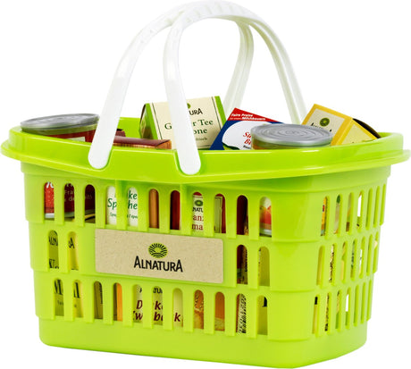 Klein Toys Alnatura Einkaufskorb - inkl. zahlreiche Zubehörboxen und Dosen mit Alnatura-Produkten – aus Biokunststoff und Recyclingmaterial – grün