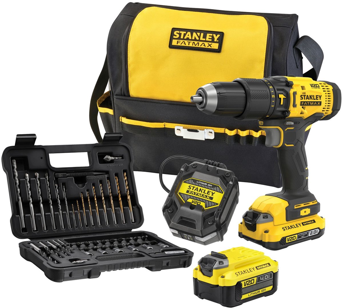 Stanley Fatmax V20 18 V bürstenloser Schrauben-Schlagbohrschrauber + Maßband, Wasserwaage und Bit-Set im Koffer (mit 2 x 2,0 Ah Akku und Ladegerät) SFMCK101D2T-QW