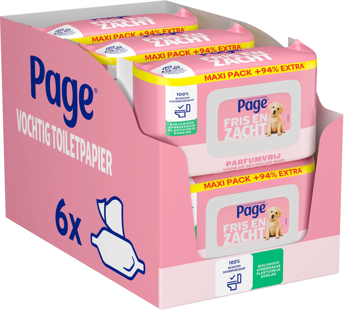 Page ® feuchtes Toilettenpapier – frisch und weich (sensitiv) Maxi – parfümfrei – 444 Blatt – 6 x 74 Stück