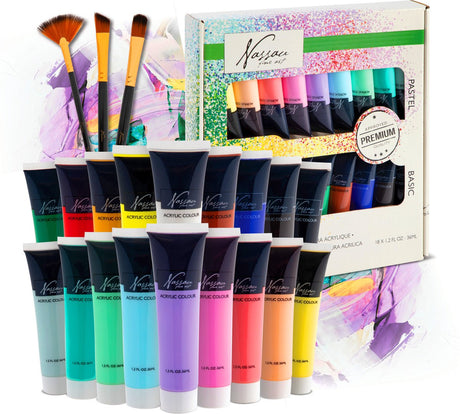 Nassau Fine Art Hobby Paint Acrylfarben-Set 18-teilig – 36-ml-Farbtuben – Acrylfarbe für Kinder und Erwachsene – 9 Pastellfarben, 9 Grundfarben – Farbe für Kinderhandwerk – Kinderfarben-Set