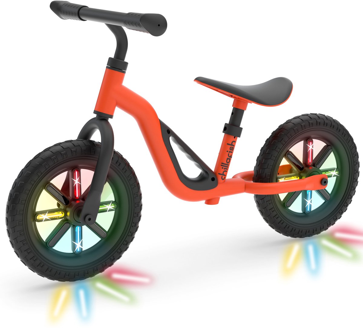 Chillafish Laufrad 2 Jahre mit leuchtenden LED-Rädern – leicht mit verstellbarem Sattel und Lenker – orange – Laufrad für Jungen und Mädchen bis 4 Jahre mit Griff zum Tragen und 10 pannensicheren Reifen – keine Batterien erforderlich – Modell Charlie Glow