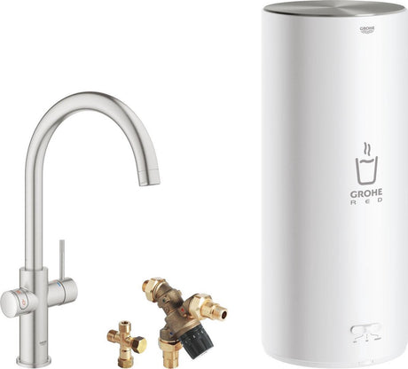 Grohe roter 3-in-1-Kochwasserhahn – C-Auslauf – 7-Liter-Boiler – Mischventil – Edelstahl (Supersteel)