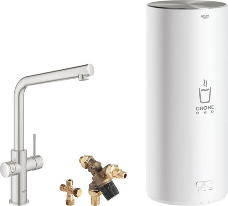 Grohe roter 3-in-1-Kochwasserhahn – L-Auslauf – 7-Liter-Boiler – Mischventil – Edelstahl (Supersteel)