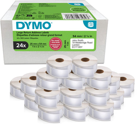 Dymo Original-Labelwriter-Rücksendeadressenetiketten | 25mm x 54mm | 24 mit je 500 Etiketten (12.000 selbstklebende Etiketten) | passend für die Labelwriter-Etikettendrucker | Hergestellt in Europa
