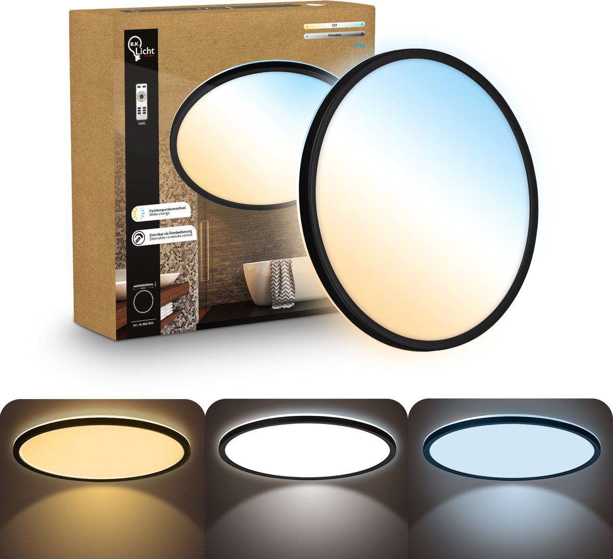 B.K.licht flach - dimmbare Badezimmerlampe Deckenlampe - Deckenlampe mit Fernbedienung - Badezimmerbeleuchtung mit CCT - IP44 - ø42 - Schwarz