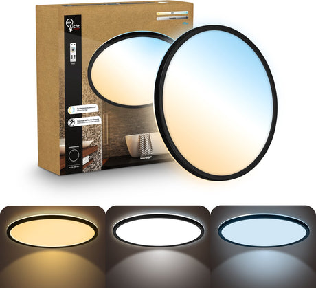 B.K.licht flach - dimmbare Badezimmerlampe Deckenlampe - Deckenlampe mit Fernbedienung - Badezimmerbeleuchtung mit CCT - IP44 - ø42 - Schwarz