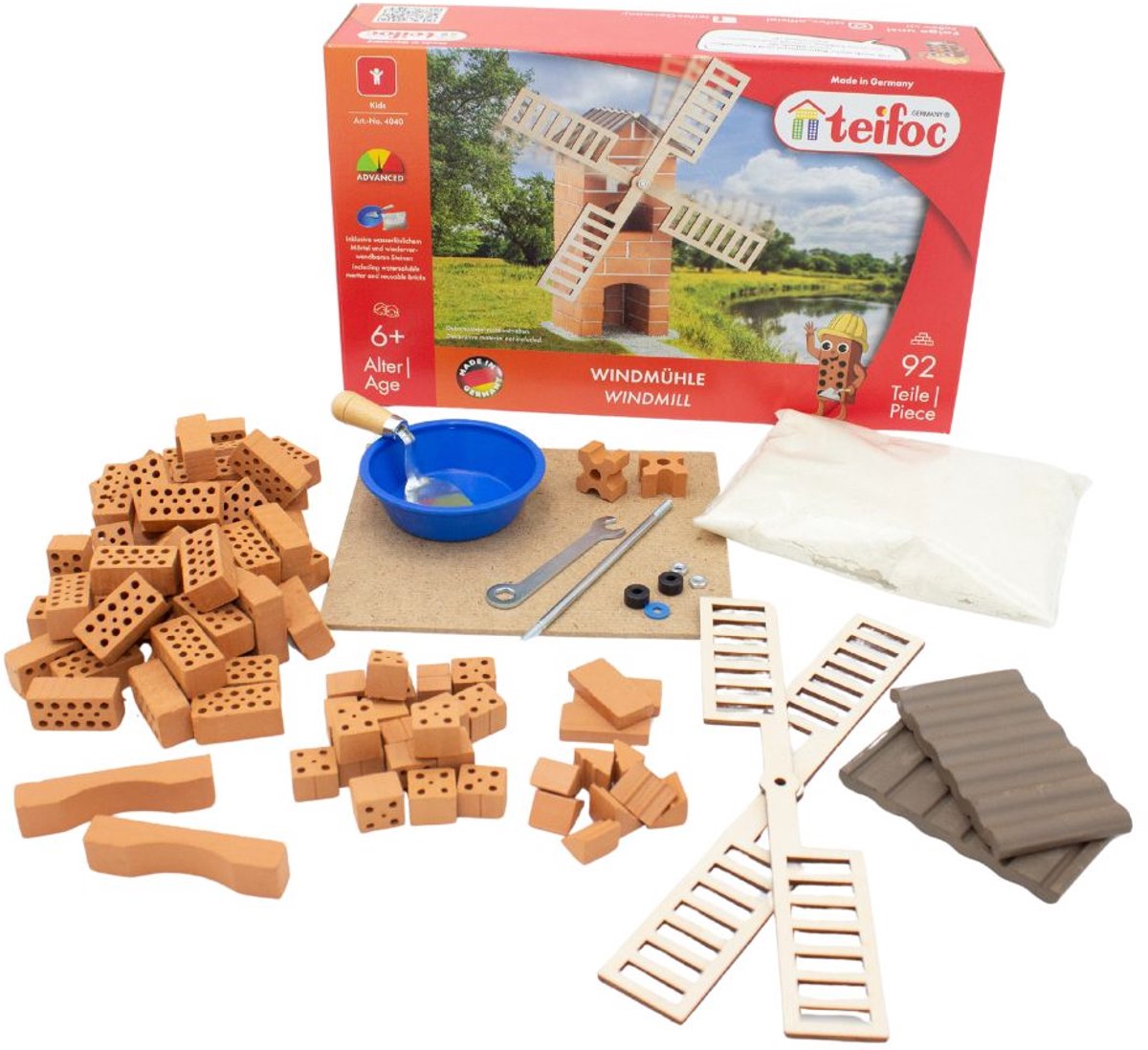 Teifoc® Baukasten – Windmühlen-Bauset – 100 Teile – echte Mini-Steine mit Zement, Schüssel und Kelle – Bausatz für Kinder ab 6 Jahren