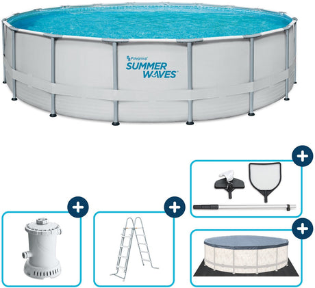 Summer Waves Rahmenpool rund – ⌀549 x 132 cm – Schwimmbäder – inklusive Filterpumpe – Poolpumpe – Filterkartusche – Abdeckung – Bodenplane – Leiter – Wartungsset