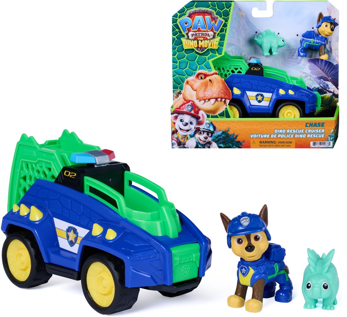 Paw Patrol – Der Dino-Film – Verfolgungsjagd-Dino-Rettungskreuzer mit gefederter Klaue und 2 Actionfiguren