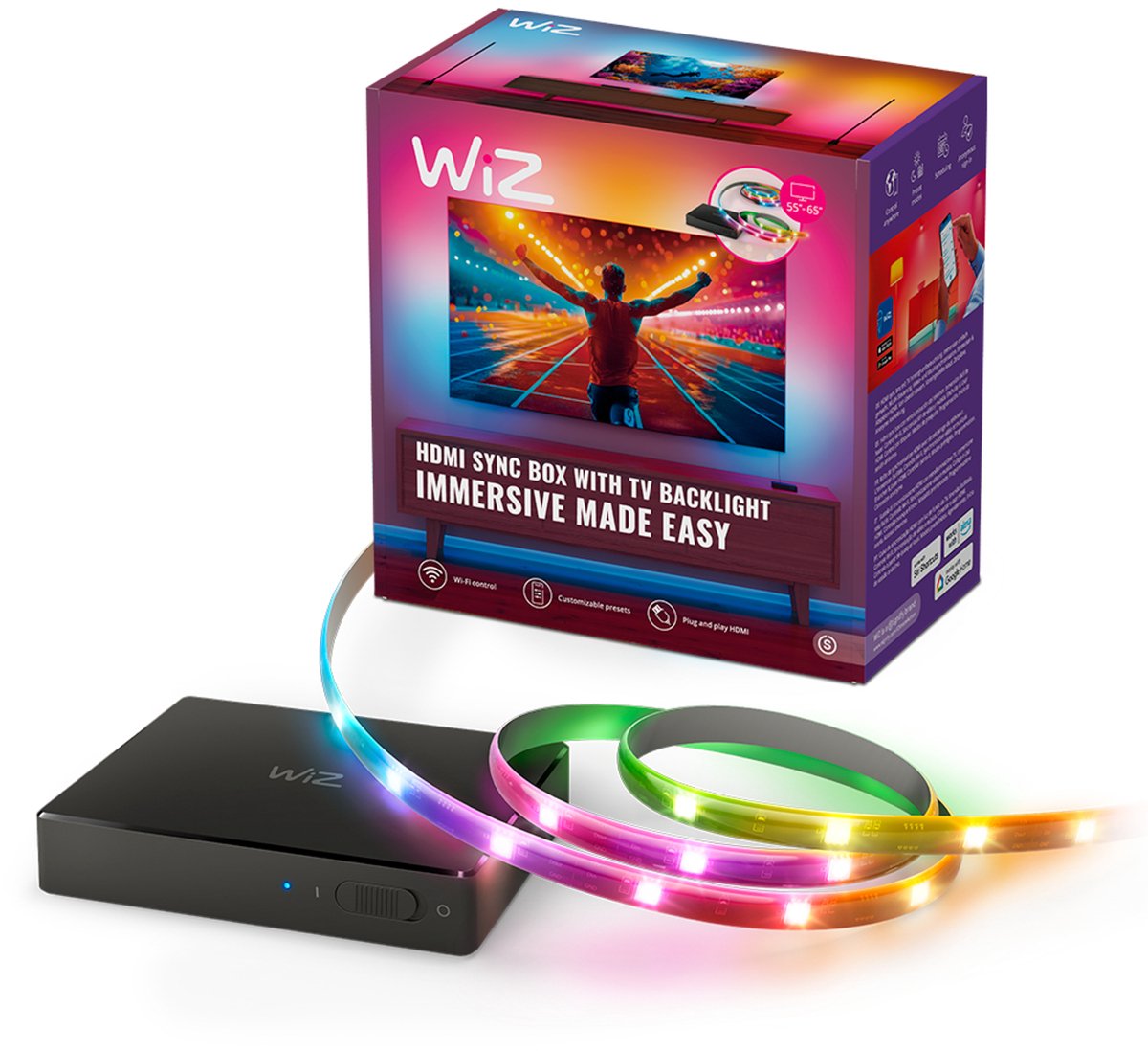 Wiz hdmi sync box met tv verlichting - entertainment starterkit - inclusief rgbic led strip voor 55-65 inch tv's - synchroniseer je verlichting met films, games en muziek - hdmi 2.0 - 4k ondersteuning bij 60hz