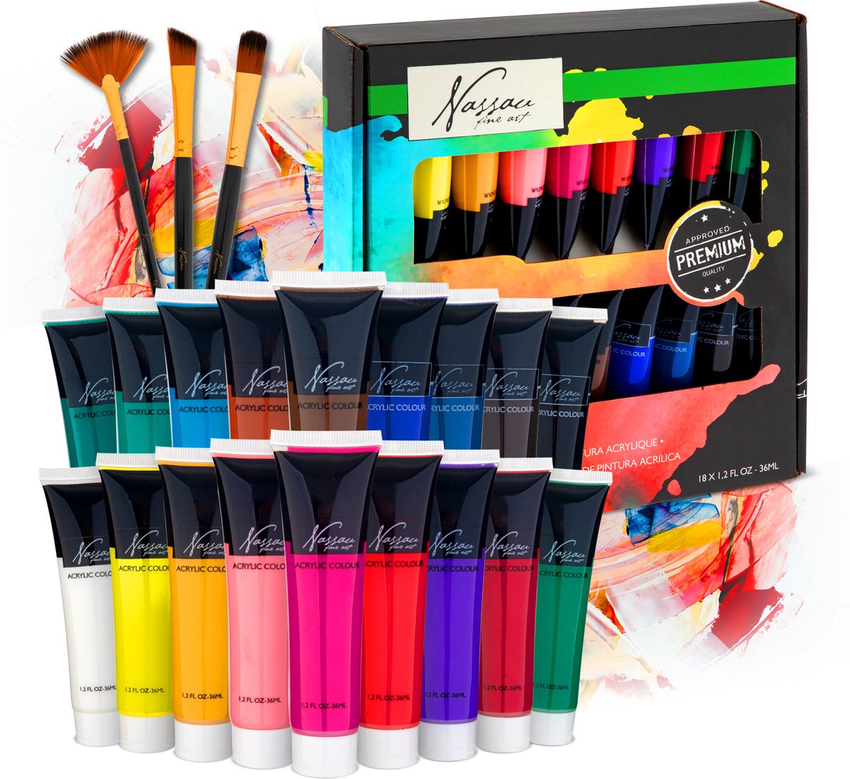 Nassau Fine Art Acrylfarben-Set 18-teilig – Acrylfarbentuben 36 ml – Malen für Erwachsene – Hobbyfarbe
