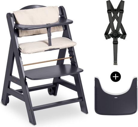 Hauck Beta+ Hochstuhl-Set – FSC®-zertifiziert – Holz – inklusive Rollen und Holztisch – dunkelgrau