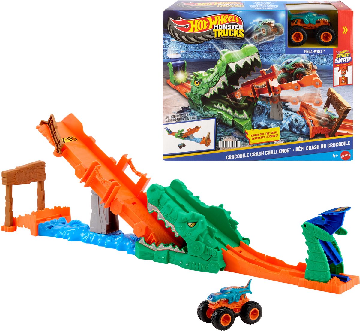Hot wheels monstertrucks krokodil crash-uitdaging - speelset met een mega-wrex speelgoedvoertuig