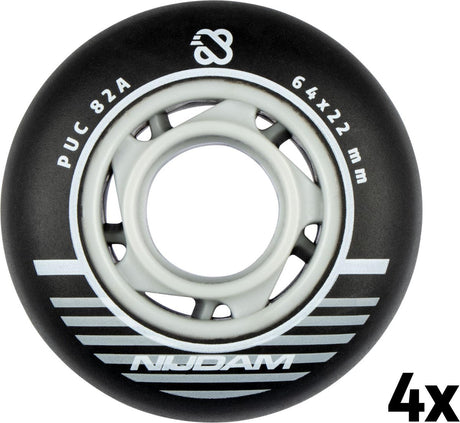 Nijdam inline skate wielen set - 64x24 mm - 4st - black - zwart zilver wit
