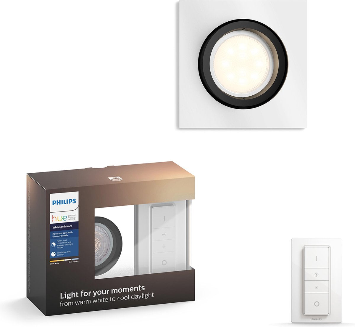 Philips led philips hue milliskin recessed inbouwspot basis - white ambiance - gu10 - aluminium - 6w - vierkant - incl. dimmer switch