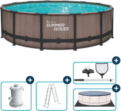Summer Waves Rahmenpool rund – ⌀427 x 107 cm – Schwimmbäder – inklusive Filterpumpe – Poolpumpe – Filterkartusche – Leiter – Abdeckung – Bodentuch – Wartungsset