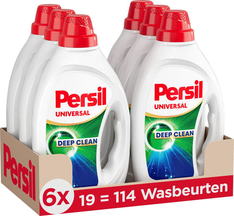 Persil Gel Universal – Flüssigwaschmittel – für alle Wäschefarben – kraftvolle Fleckenentfernung – 6 x 19 Wäschen – Vorteilspack