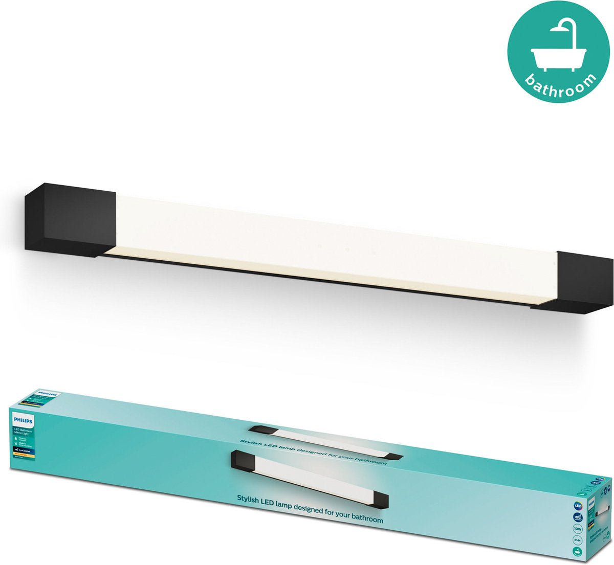 Philips led philips rover spiegelverlichting - spatwaterdicht ip44 - 10w - warmwit licht - badkamerlamp - rechthoekig - zwart